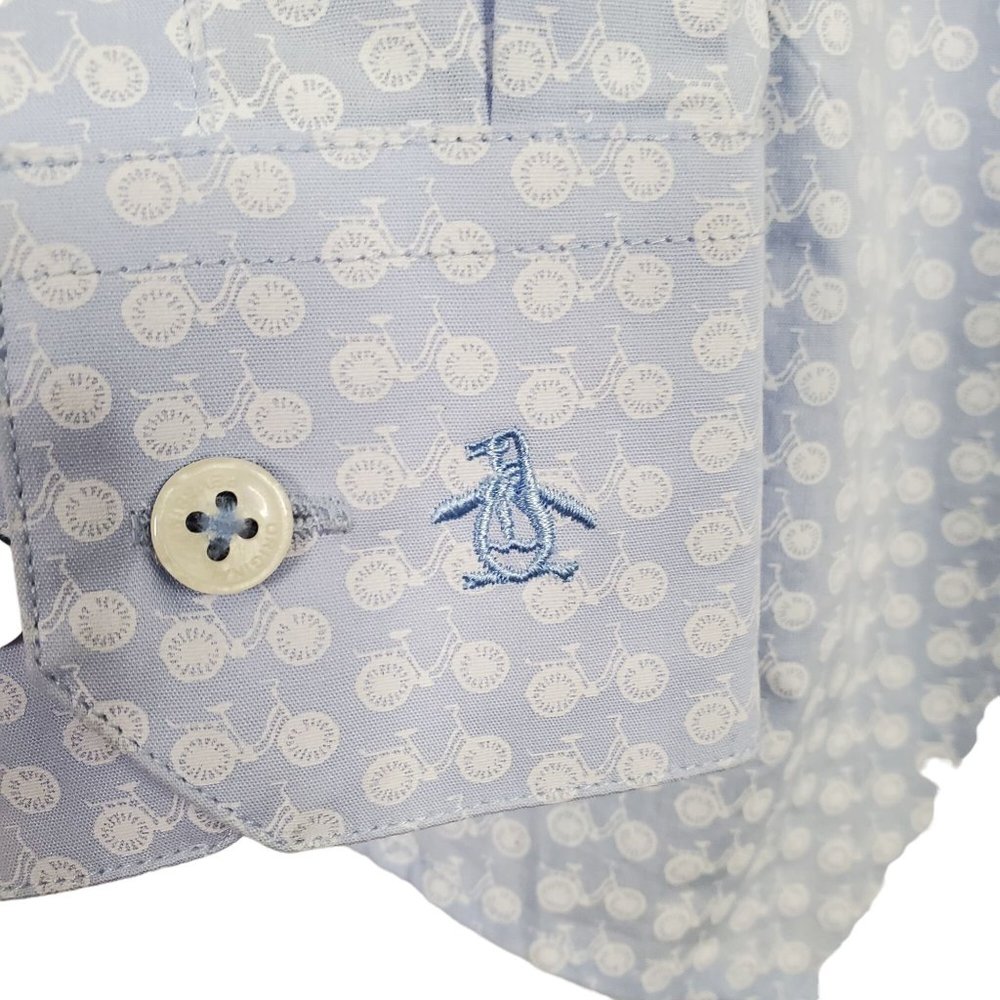 Original Penguin Size XL 17.5 Shirt Heritage Slim Fit Stretch Cotton Bike Print - Picture 10 of 11